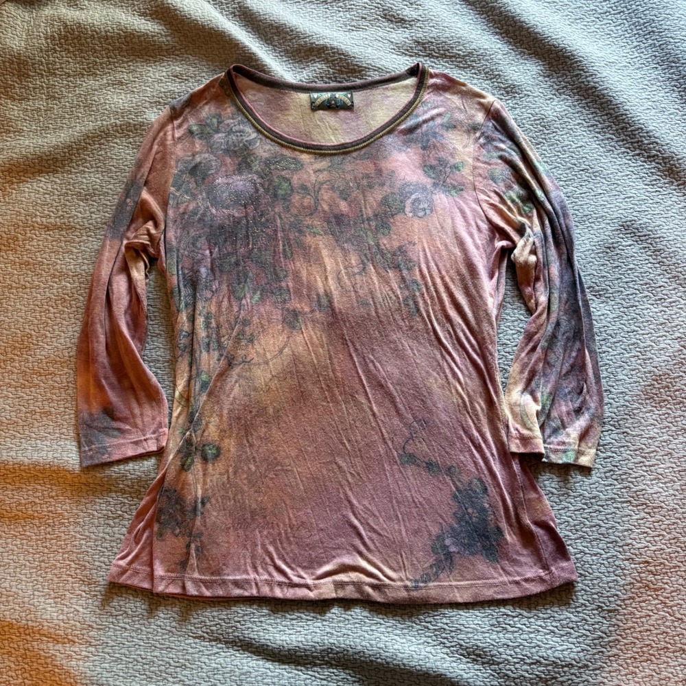 Vanilla Sugar Womens Floral Graphic Acid Wash Top Mauve Purple Y2K Boho Large